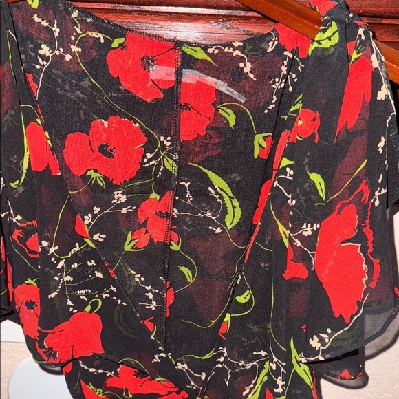 Kimchi Women’s Size Small Floral Black and Red Sheer Wrap Flutter Sleeve Dress - Picture 4 of 4